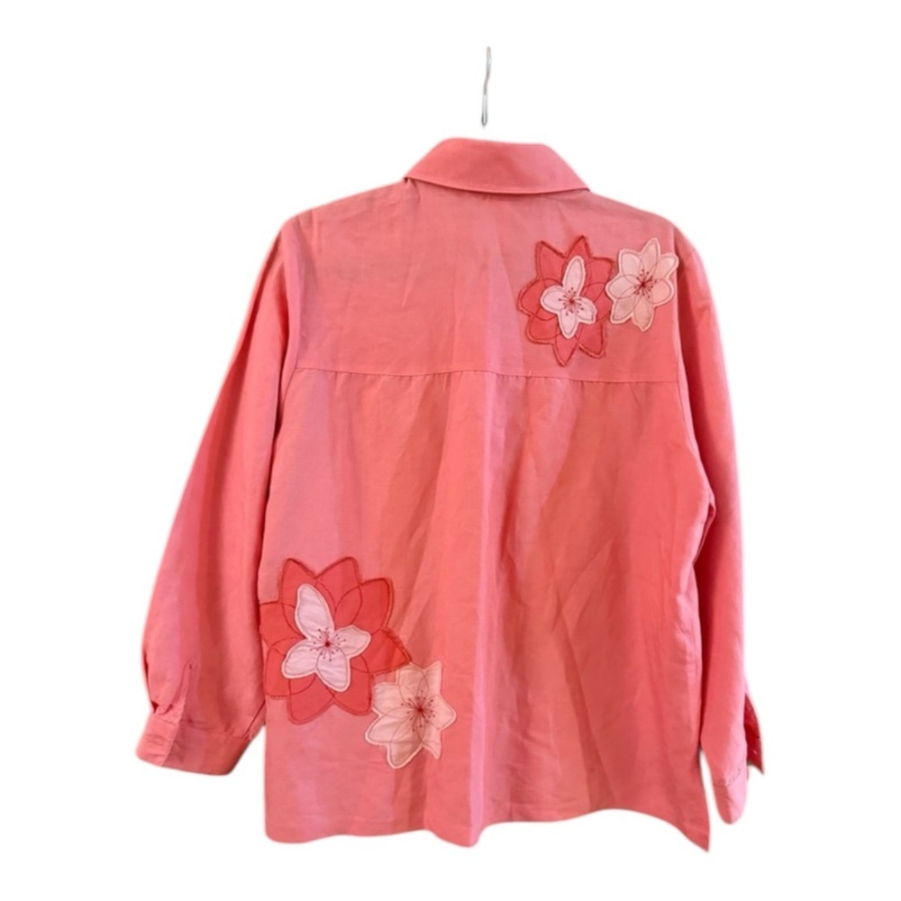 Susan Graver Pink Floral Appliqué Linen Blend Button Shirt L Coastal Cottagecore - Picture 3 of 5